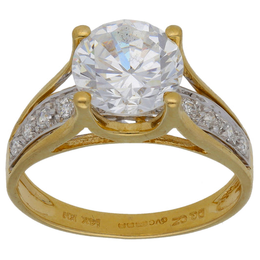 14ct Gold Cubic Zirconia Single Stone Ring with Accent Stones Size M