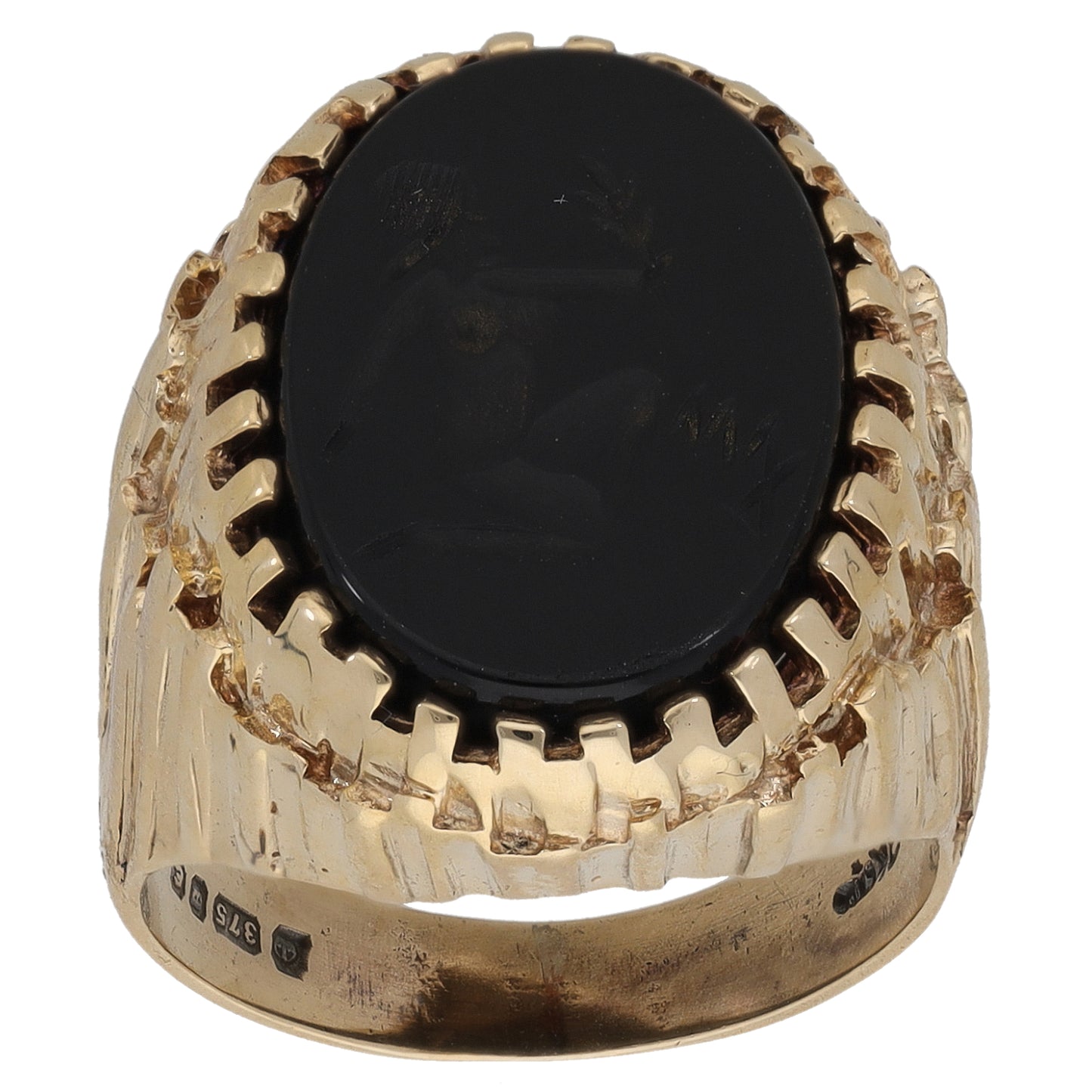 9ct Gold Onyx Crest/Emblem Signet Ring Size M