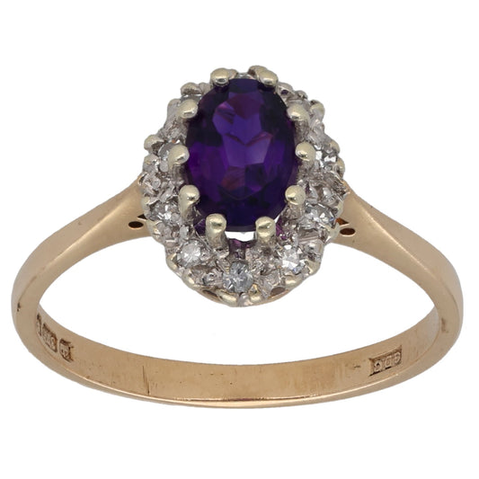 9ct Gold Amethyst & 0.10ct Diamond Dress/Cocktail Ring Size N