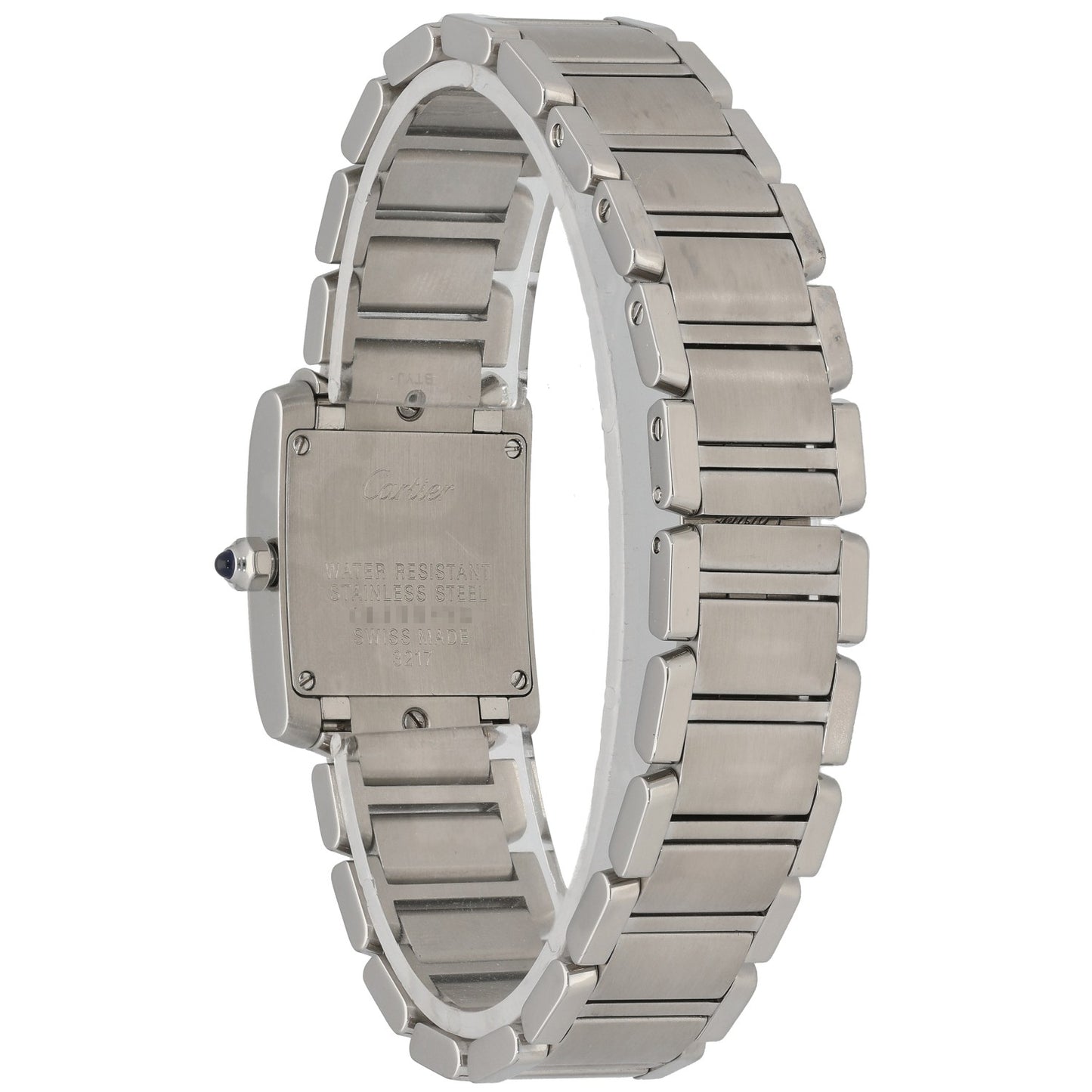 Cartier Tank Francaise W51008Q3 stainless steel watch back with bracelet links and markings