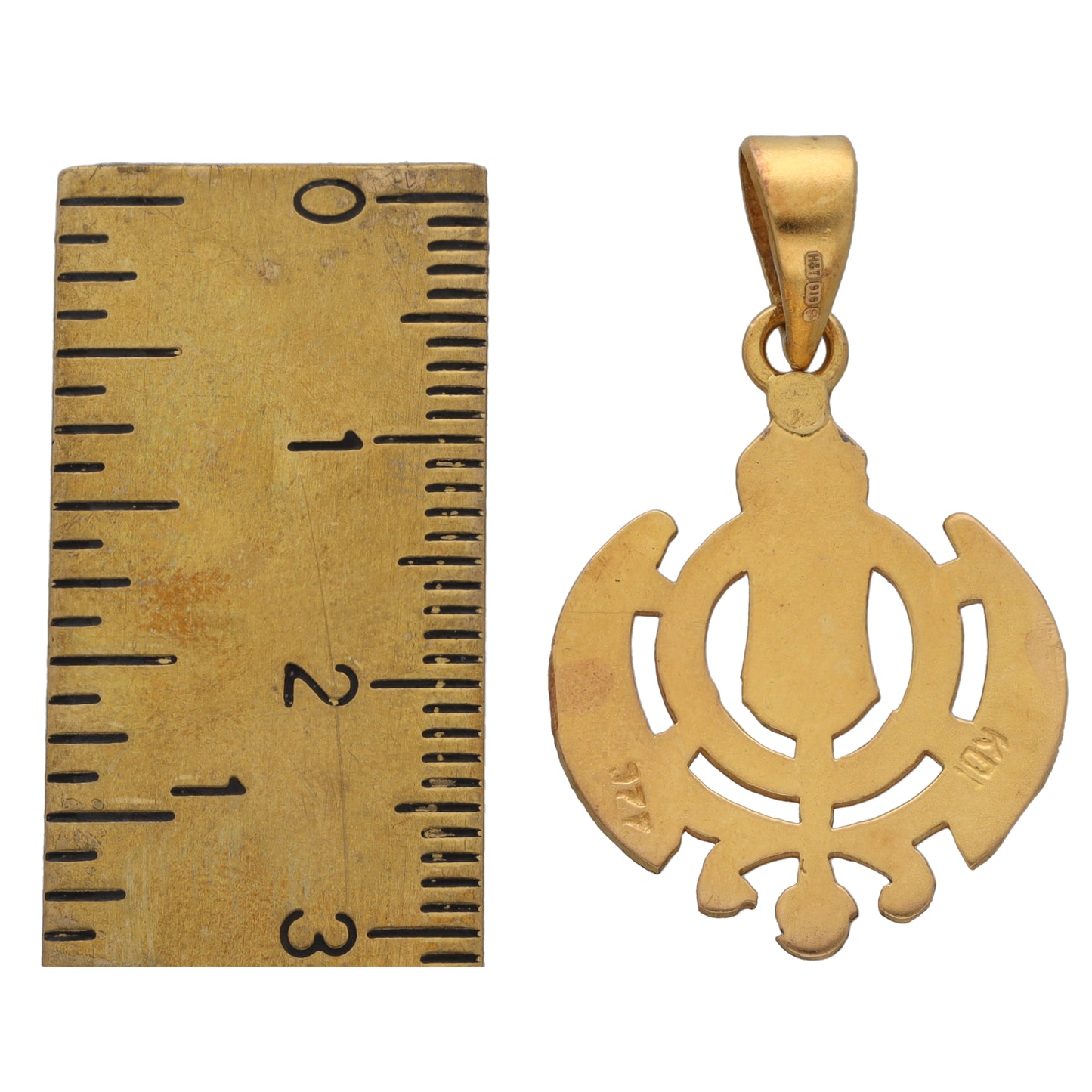 Gold-tone ornate pendant with central drop shape, scalloped arms, and loop bail
