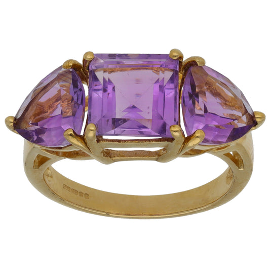 9ct Gold Amethyst Trilogy Ring Size N