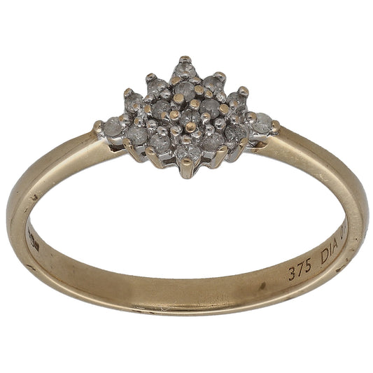 9ct gold round diamond cluster ring with raised grey sparkle halo on band