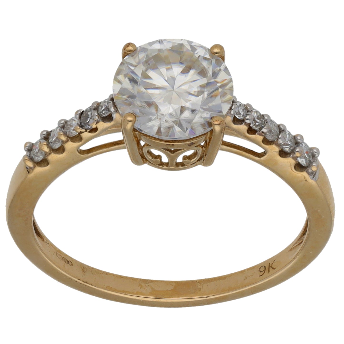 9ct Gold Cubic Zirconia Single Stone Ring with Accent Stones Size R