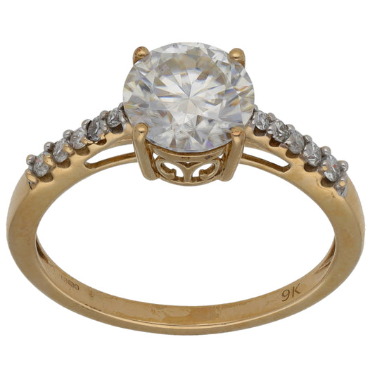 9ct Gold Cubic Zirconia Single Stone Ring with Accent Stones Size R