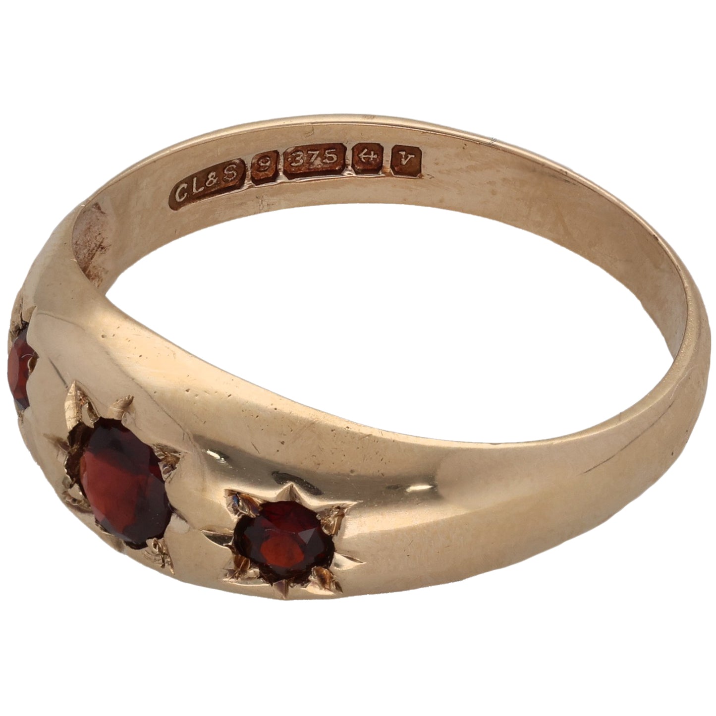 9ct Gold Garnet Three Stone Ring Size U