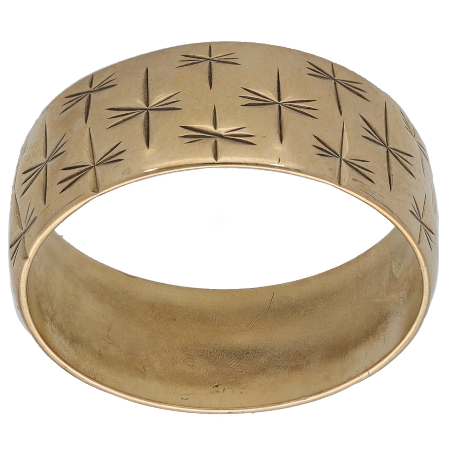 9ct yellow gold wedding ring, size M, starburst geometric pattern