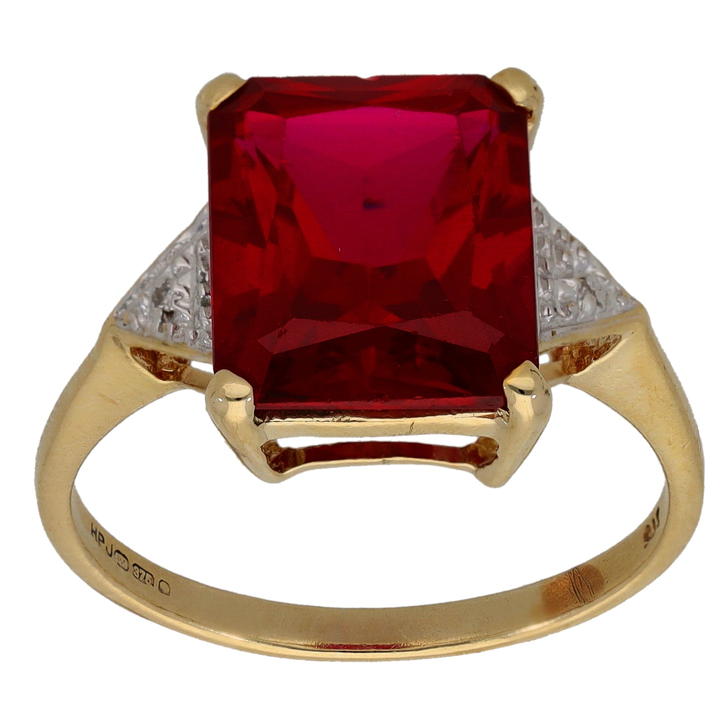 9ct Gold Man Made Ruby & 0.01ct Diamond Dress/Cocktail Ring Size Q