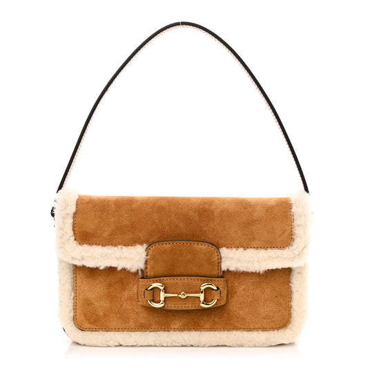 Gucci Shearling Horsebit 1955 Suede Leather Bag - Beige