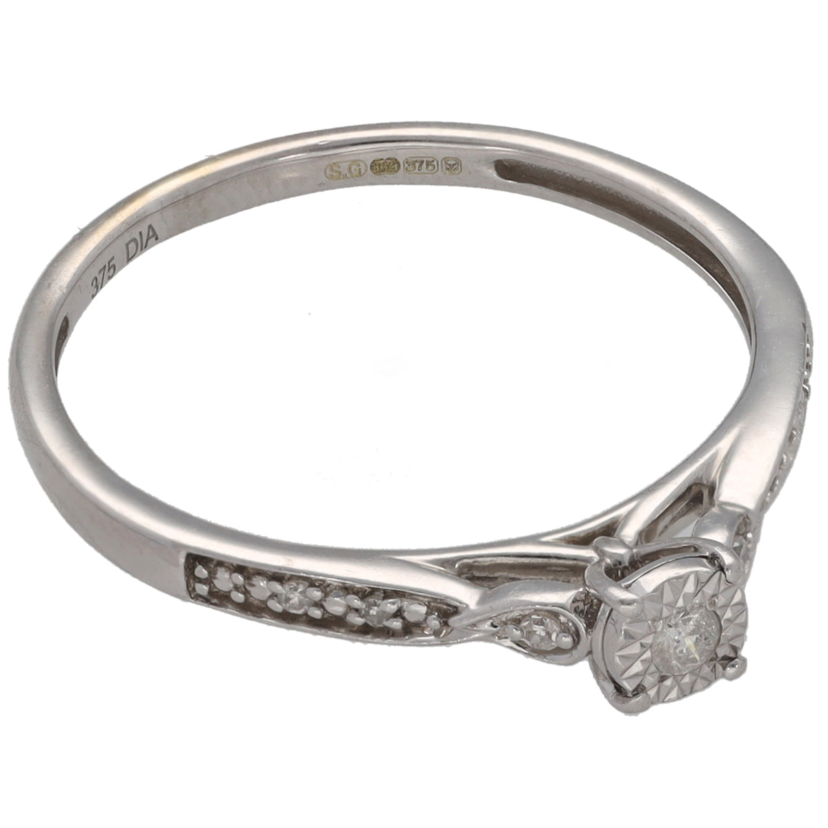 9ct white gold ring with round solitaire diamond and row of accent stones on band