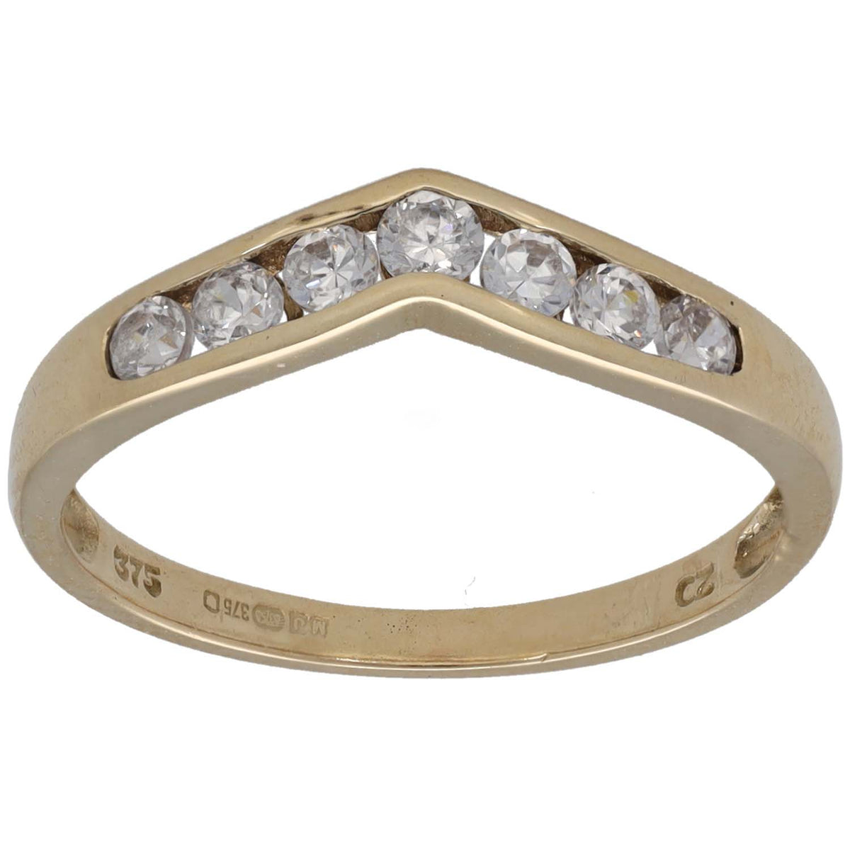 9ct gold wishbone ring with clear CZ stones along the curved top