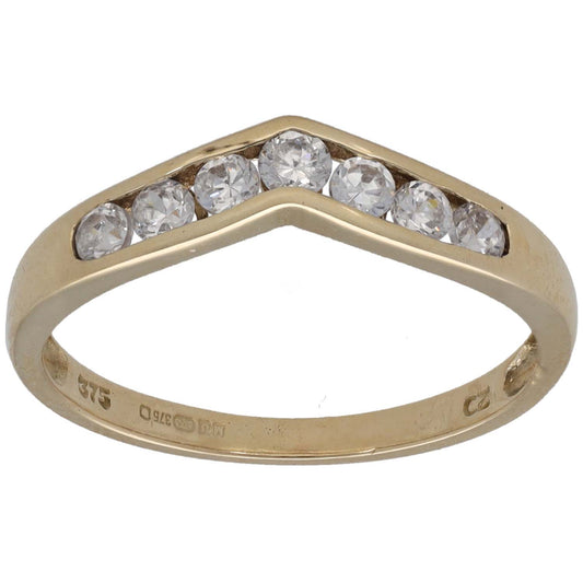 9ct gold wishbone ring with clear CZ stones along the curved top