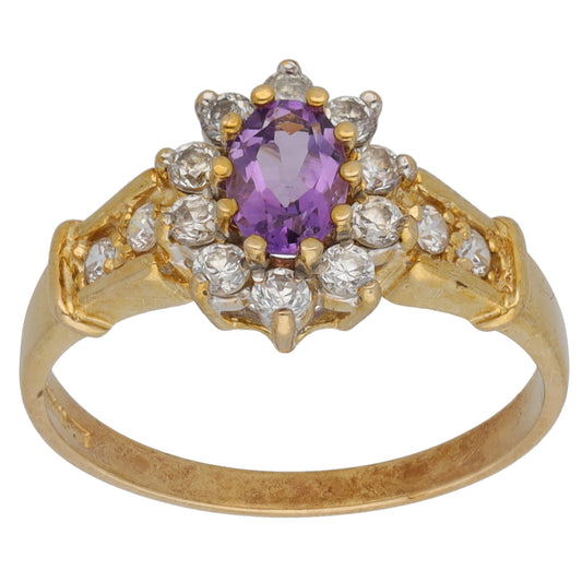 9ct Gold Amethyst & Cubic Zirconia Cluster Ring Size M