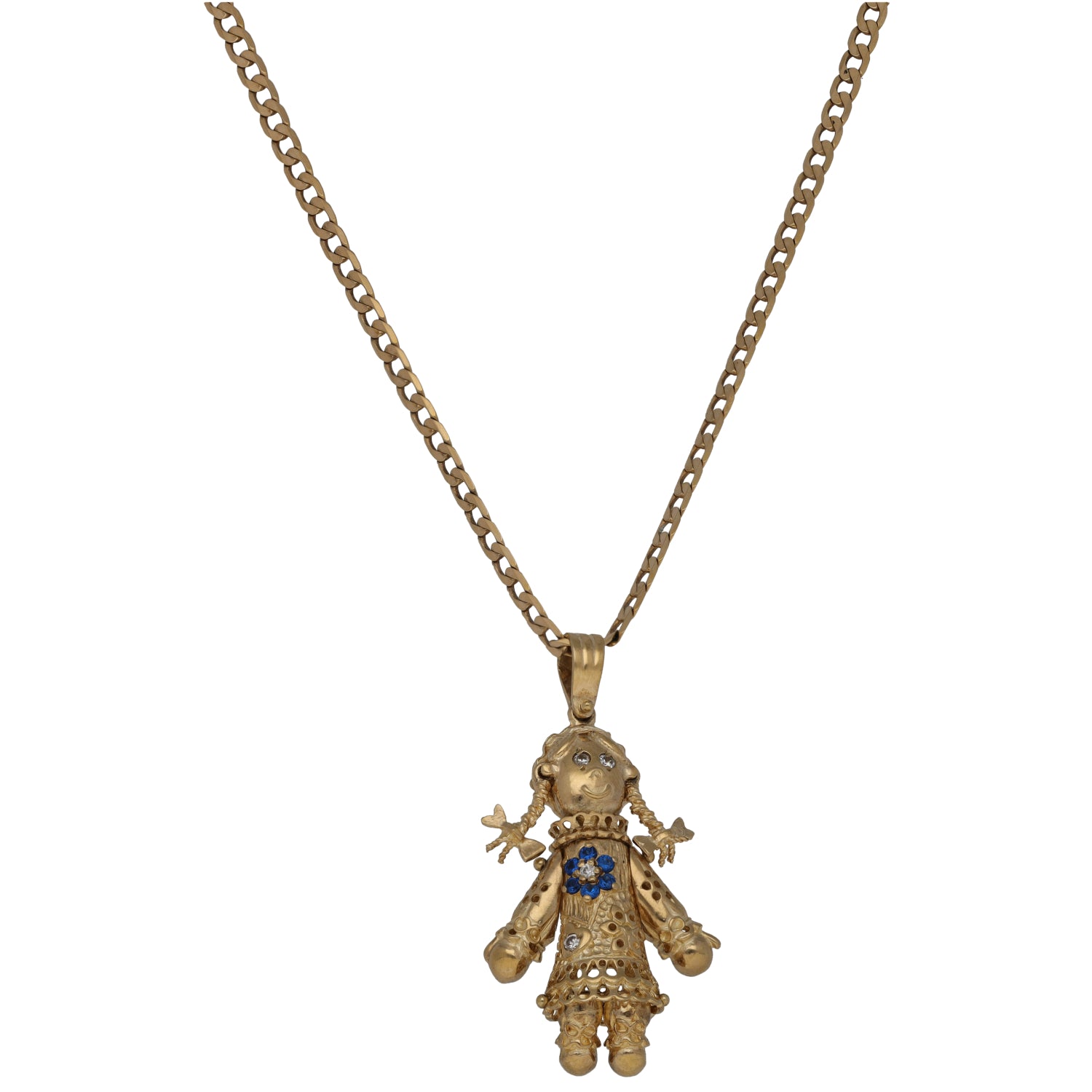 Gold-tone character clown pendant with blue dress, on chain