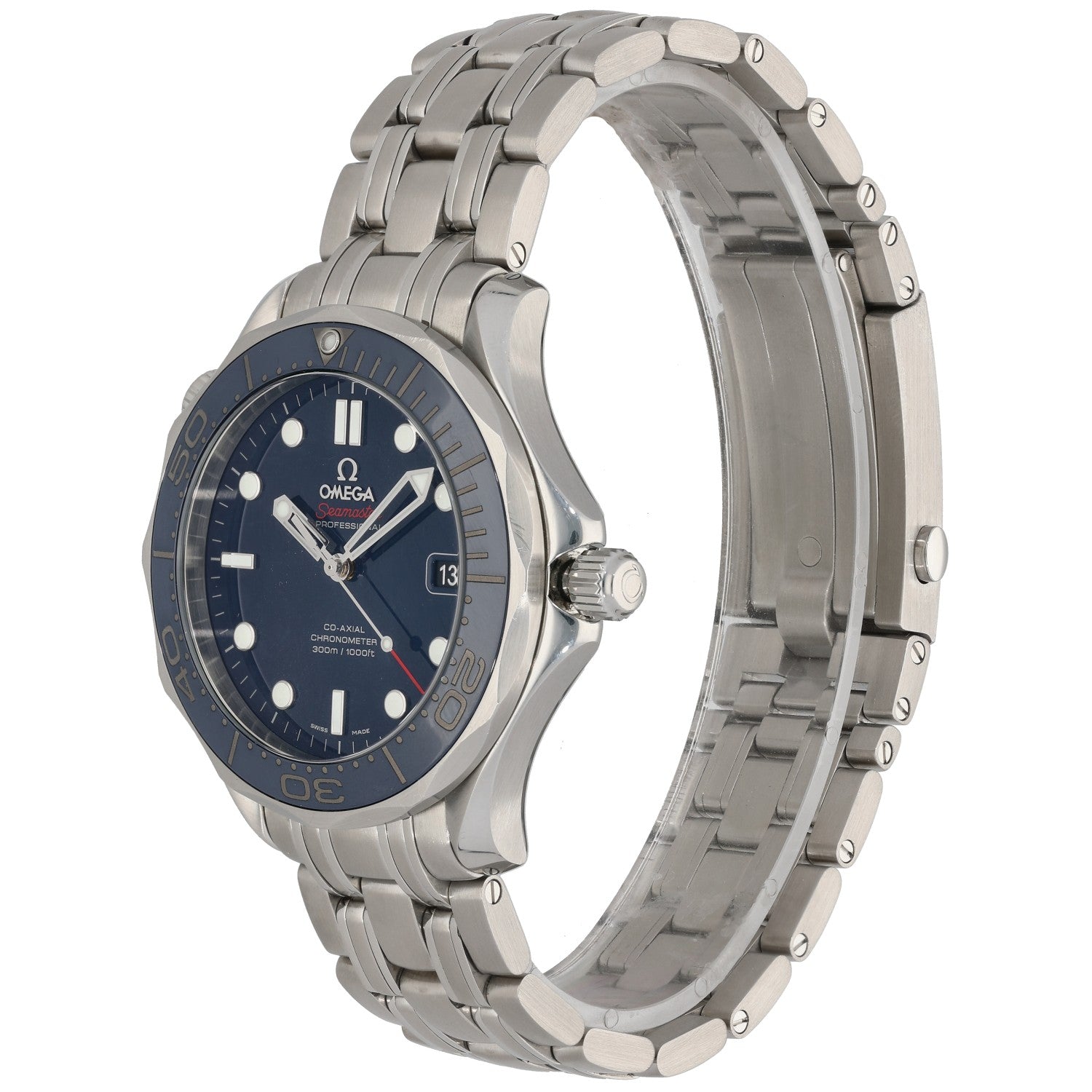 Omega Seamaster 212.30.41.20.03.001 Side view stainless steel diver watch with blue dial and metal bracelet links