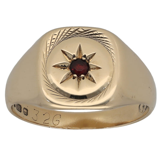 9ct Gold Garnet Patterned Single Stone Signet Ring Size V