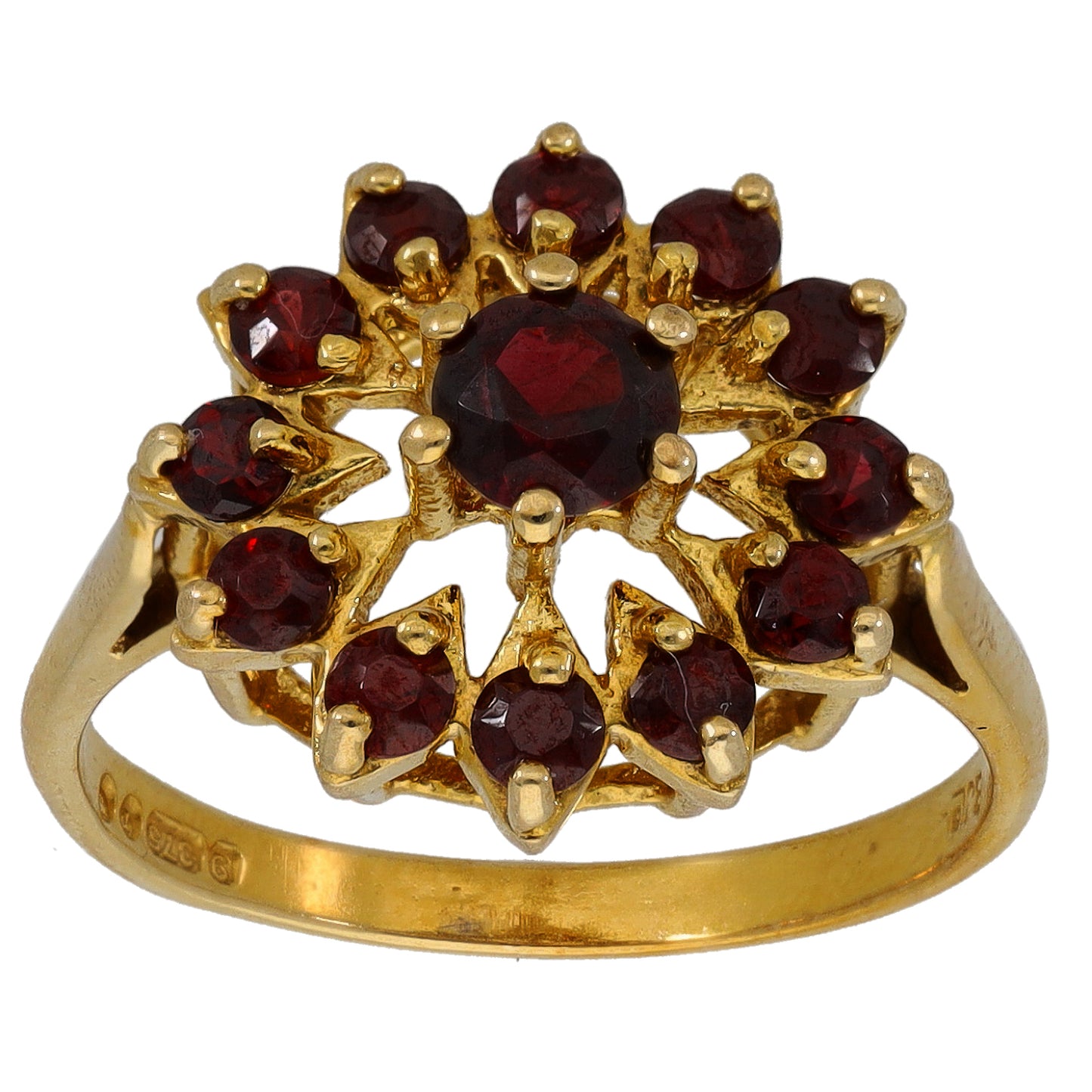 9ct gold garnet cluster ring with dark red round stones and openwork setting
