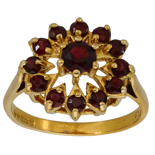 9ct gold garnet cluster ring with dark red round stones and openwork setting