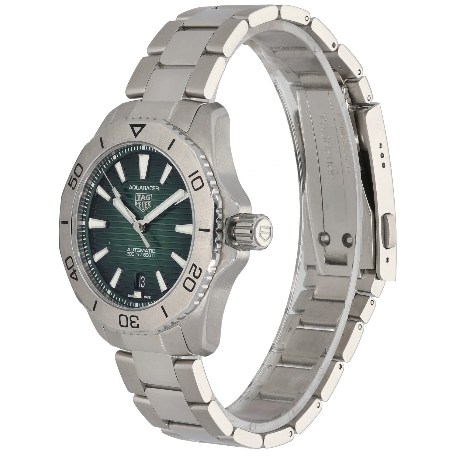 Tag Heuer Aquaracer WBP2115 Stainless steel diver watch side profile with teal dial and rotating bezel