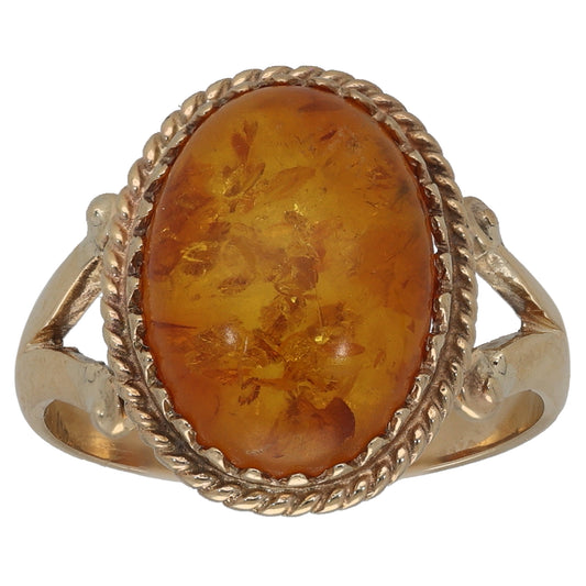 9ct Gold Amber Single Stone Ring Size O