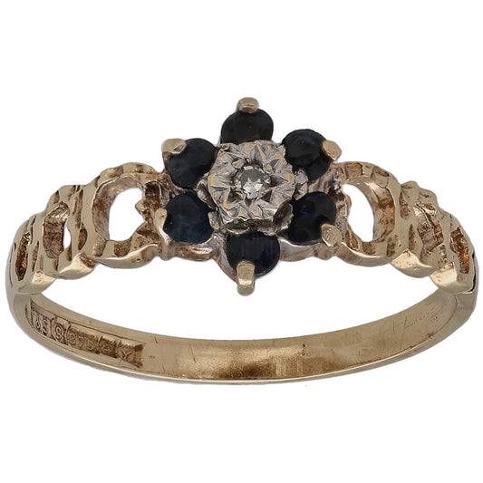 9ct Gold Sapphire & 0.01ct Diamond Cluster Ring Size P