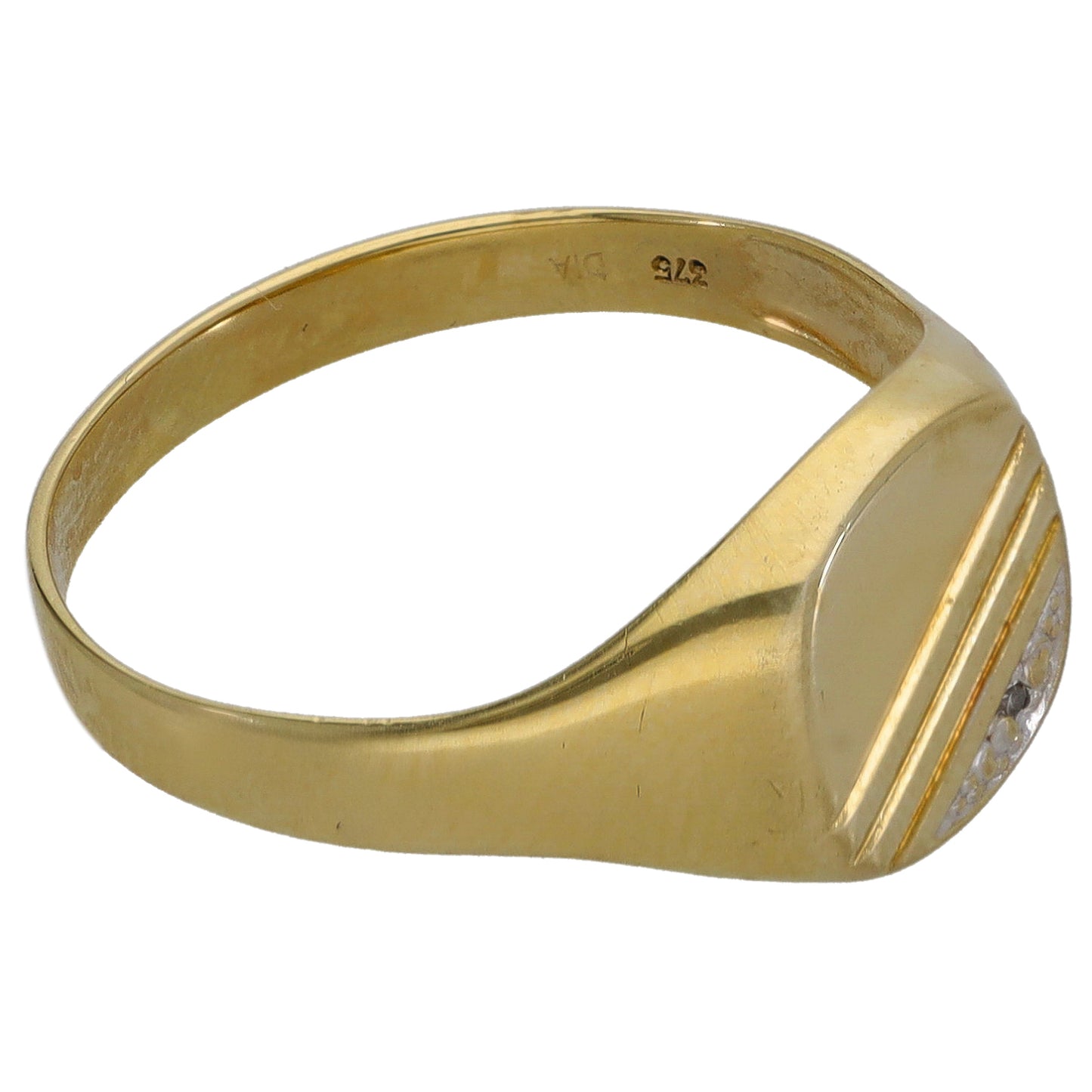 9ct Bicolour Gold 0.01ct Diamond Single Stone Patterned Signet Ring Size Q