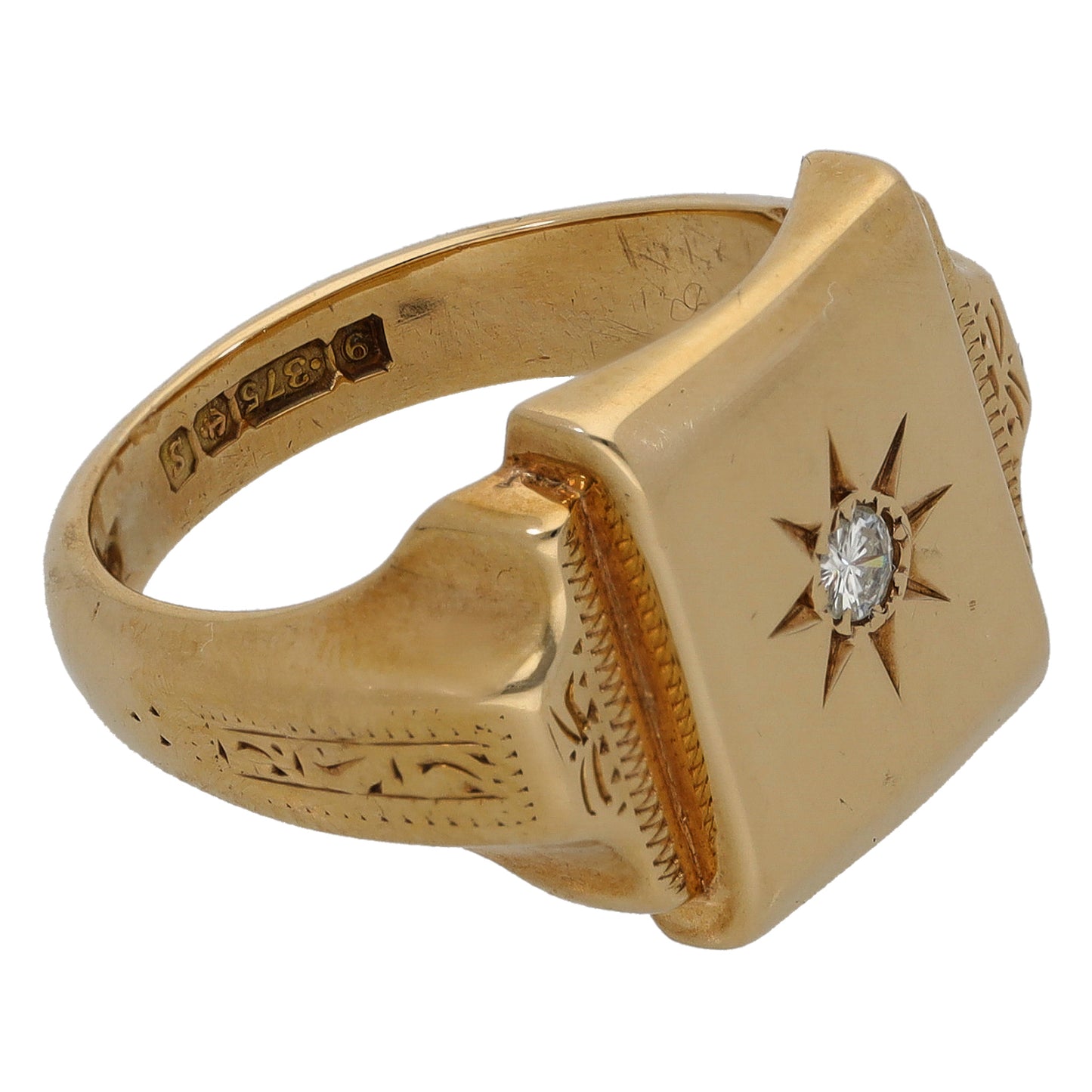 9ct Gold 0.07ct Diamond Patterned Single Stone Signet Ring Size M