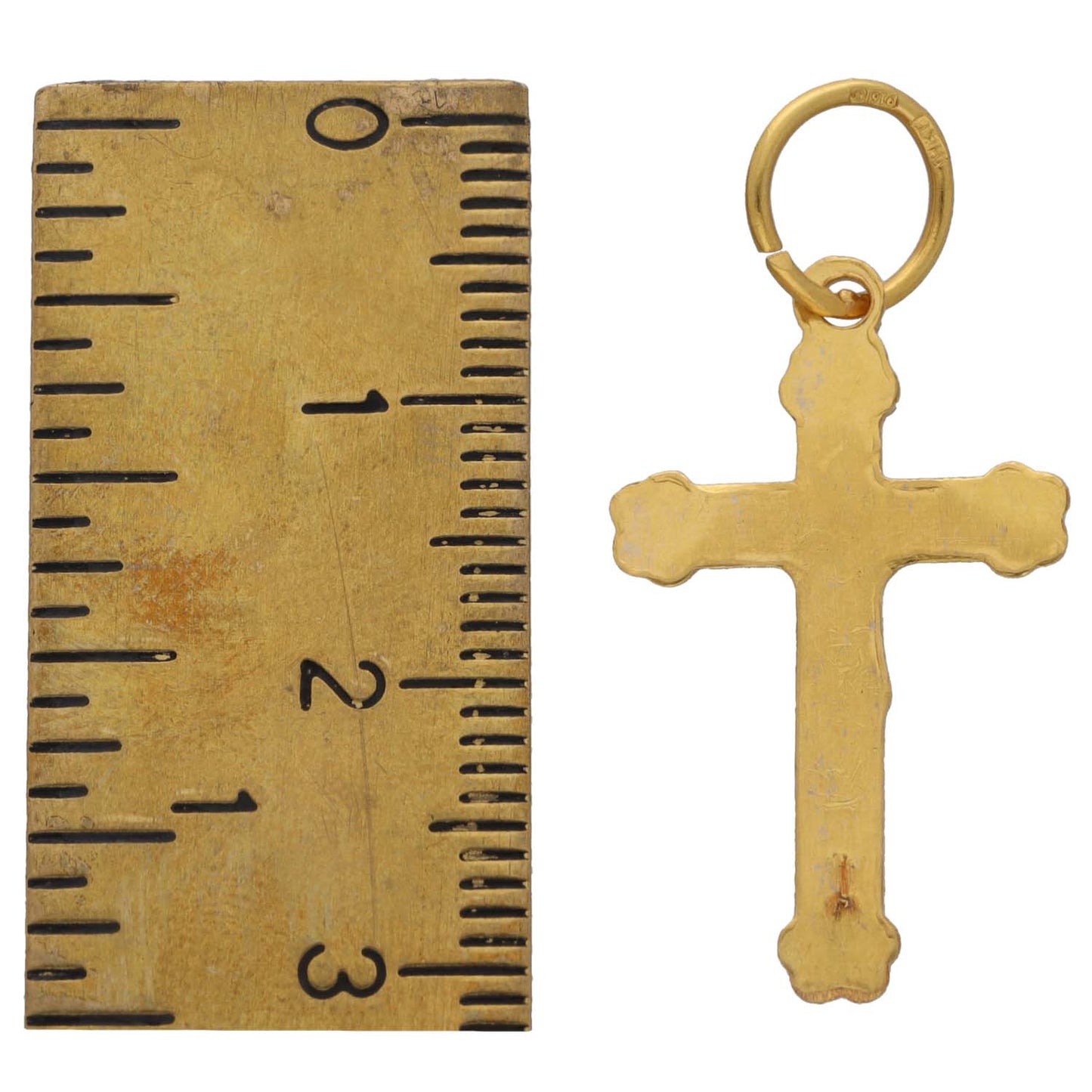 Gold crucifix pendant with loop bail, cross with engraved details