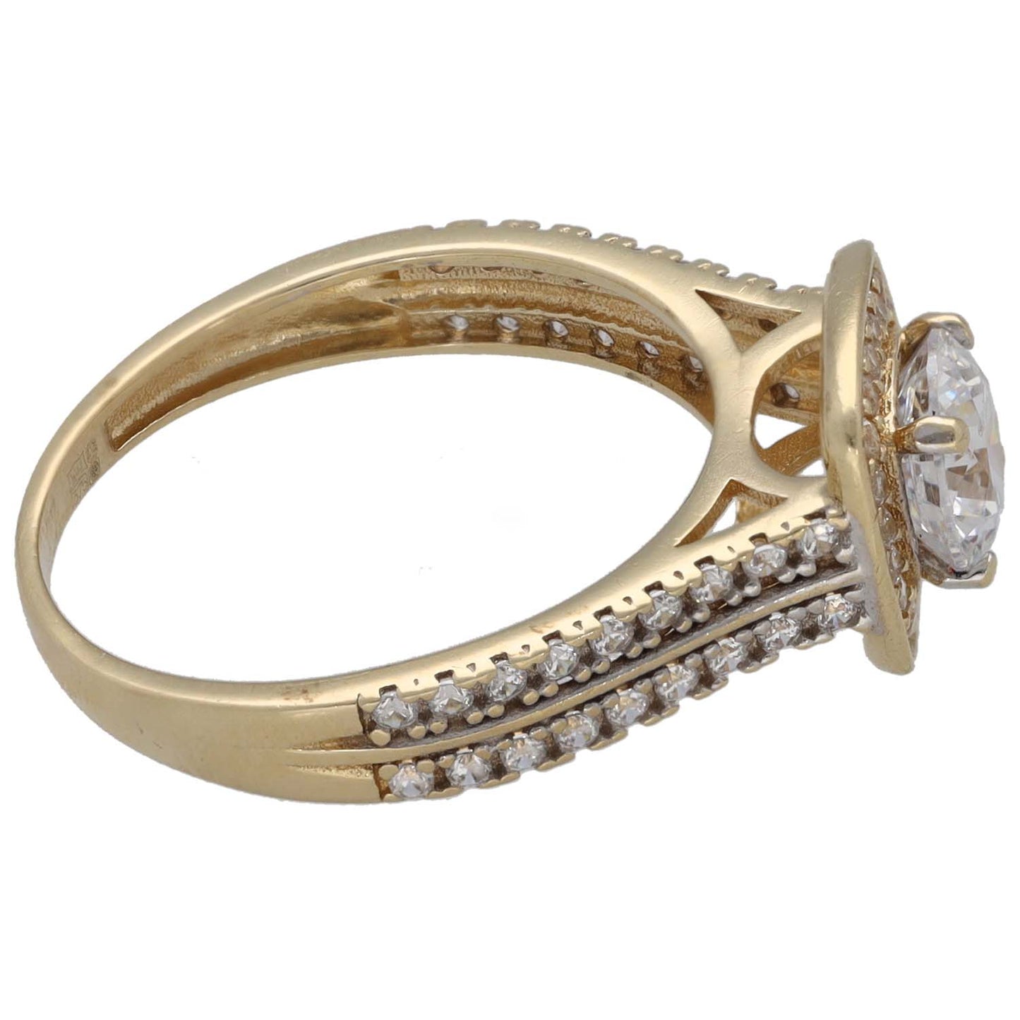 Gold side view cocktail ring with round CZ setting and pronged gallery, split pave band