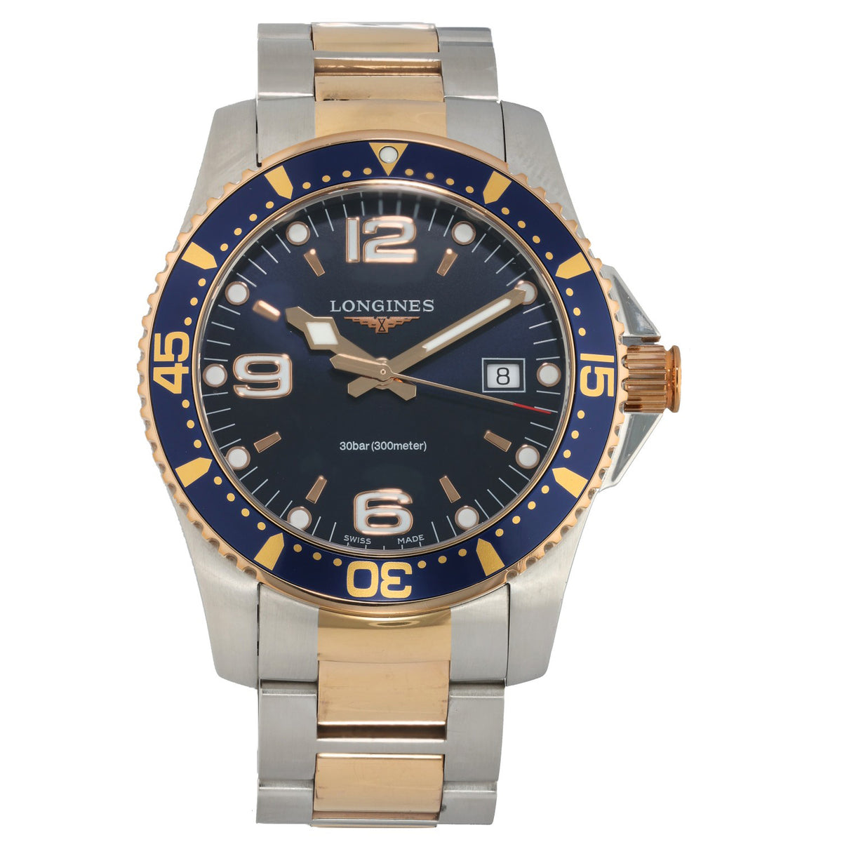 Longines Hydro Conquest L3.7, blue dial and bezel on bi-colour bracelet