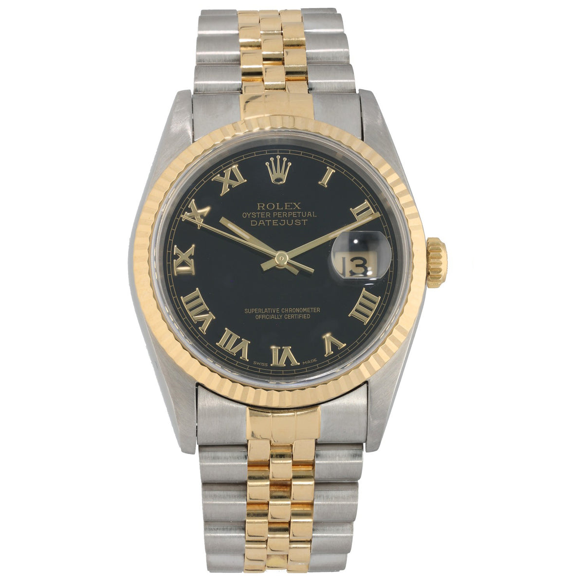 Rolex Datejust 16233, black dial in bi-colour stainless steel and gold case and bracelet, front image