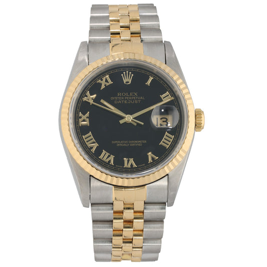 Rolex Datejust 16233, black dial in bi-colour stainless steel and gold case and bracelet, front image