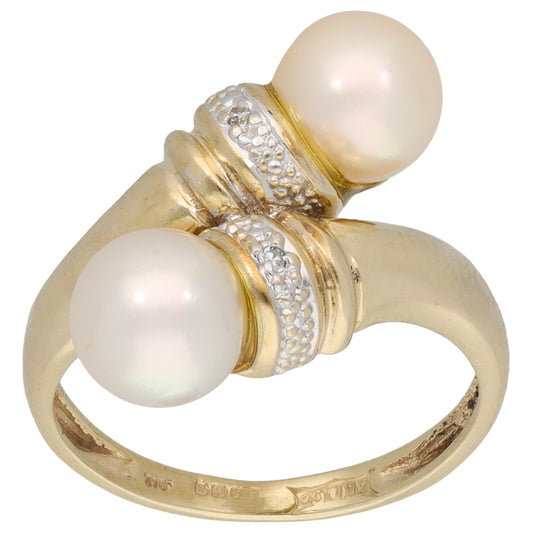 9ct Gold Cultured Pearl & 0.01ct Diamond Dress/Cocktail Ring Size O