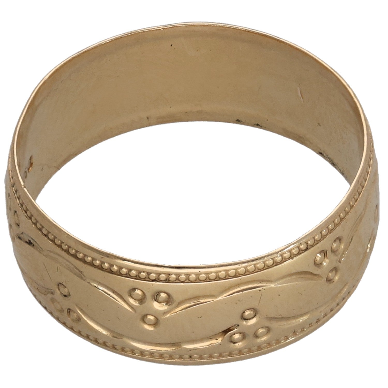 9ct gold patterned wedding ring band with bead-and-line detailing, side view