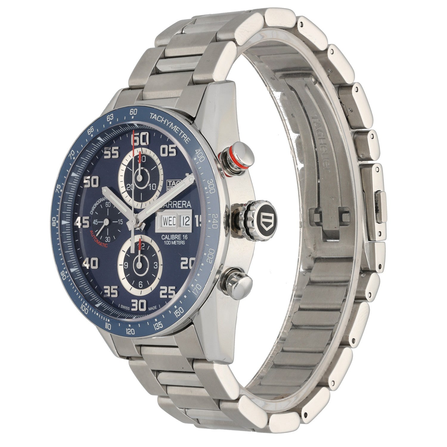 Tag Heuer Carrera CV2A1V, with rich blue dial and bezel with a tachy meter and other sub dials, front angle image showing inner bracelet