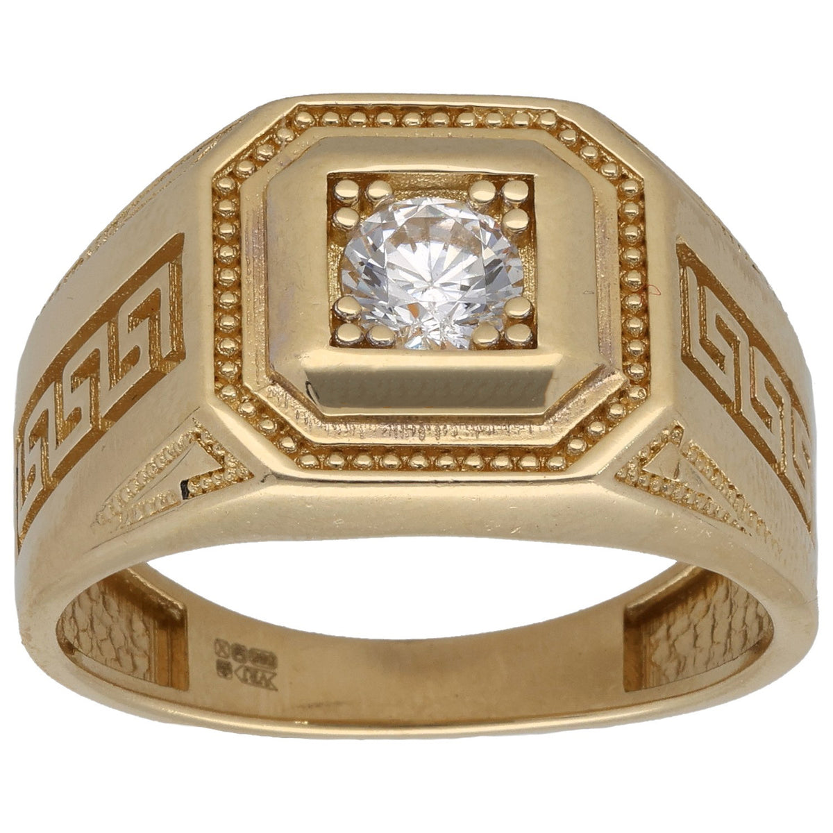 Gold-tone signet ring with square CZ centerpiece and beaded border, patterned shoulders.