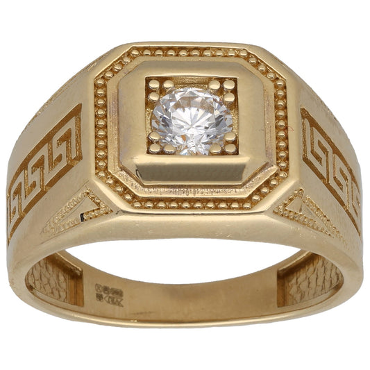 Gold-tone signet ring with square CZ centerpiece and beaded border, patterned shoulders.
