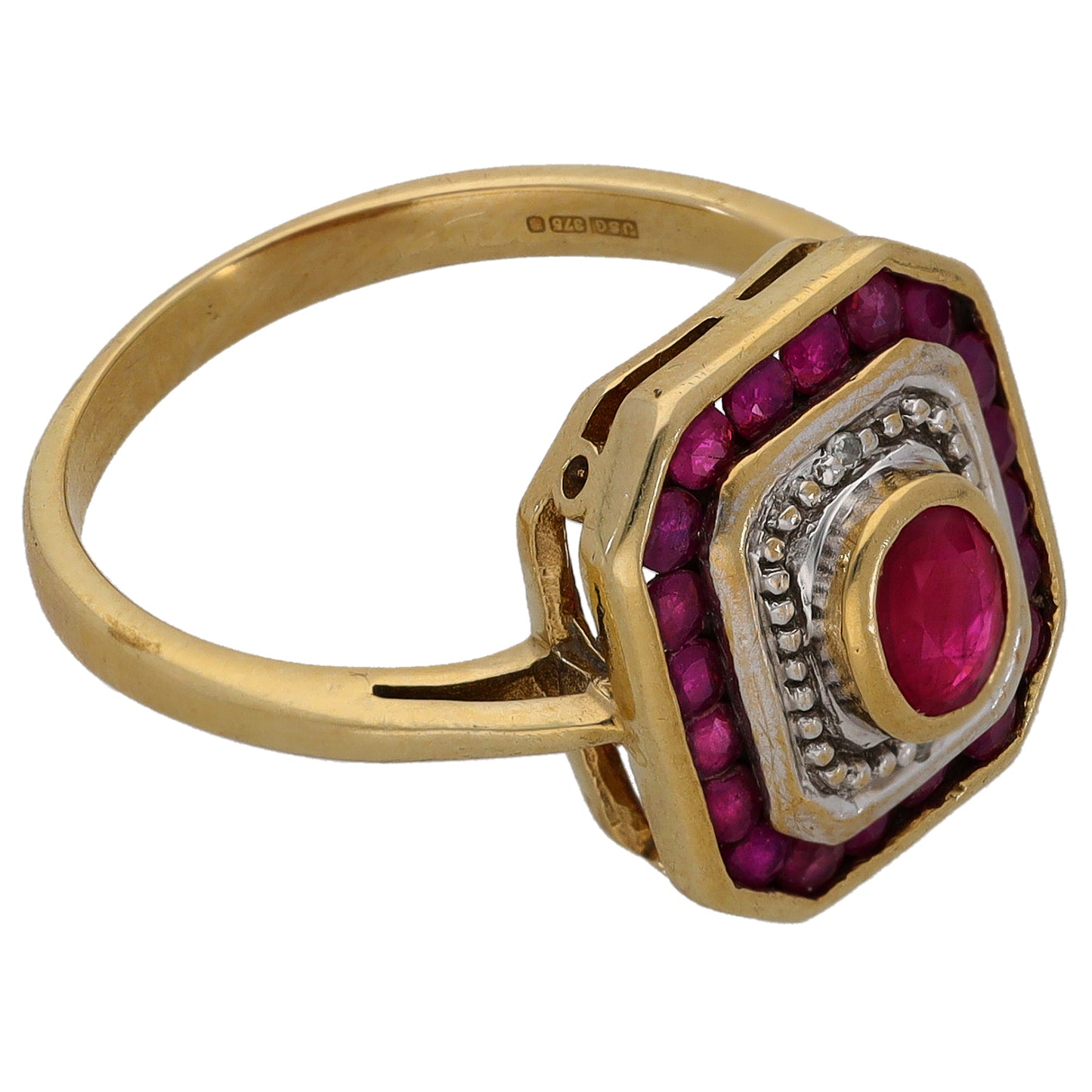 9ct Gold Ruby & 0.01ct Diamond Dress/Cocktail Ring Size O