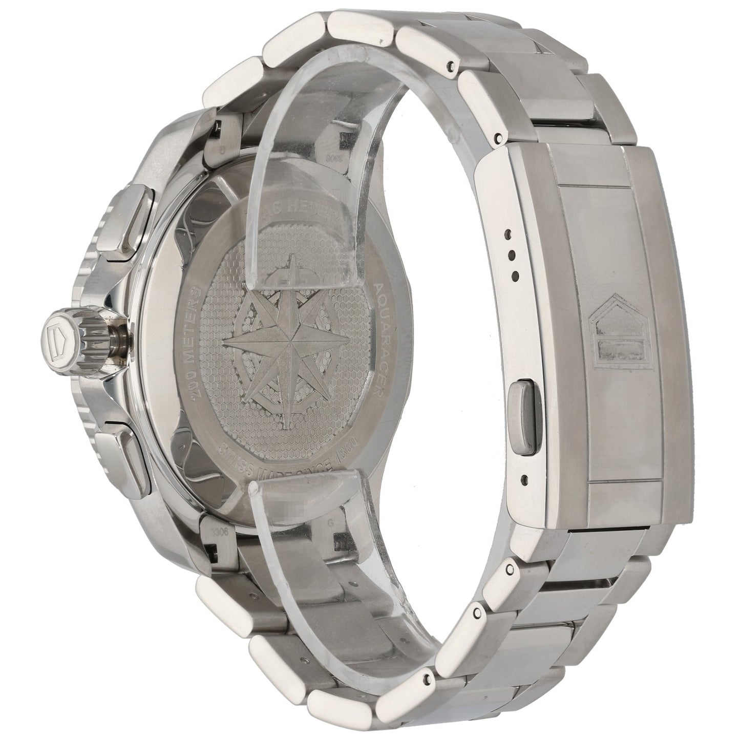 Tag Heuer Aquaracer CBP1112 Stainless steel watch case back with engraved markings and link bracelet, angled view