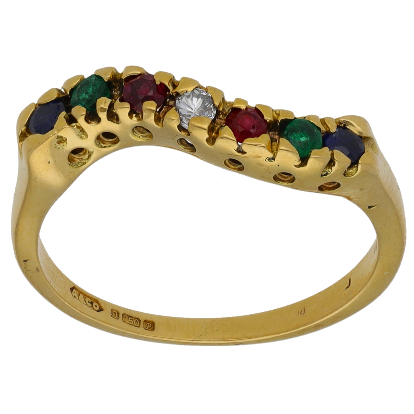 18ct Gold Sapphire, Emerald, Ruby & 0.03ct Diamond Half Eternity Ring Size M