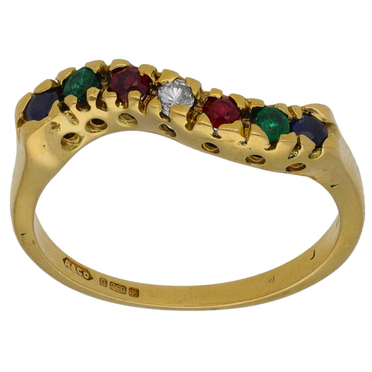 18ct Gold Sapphire, Emerald, Ruby & 0.03ct Diamond Half Eternity Ring Size M