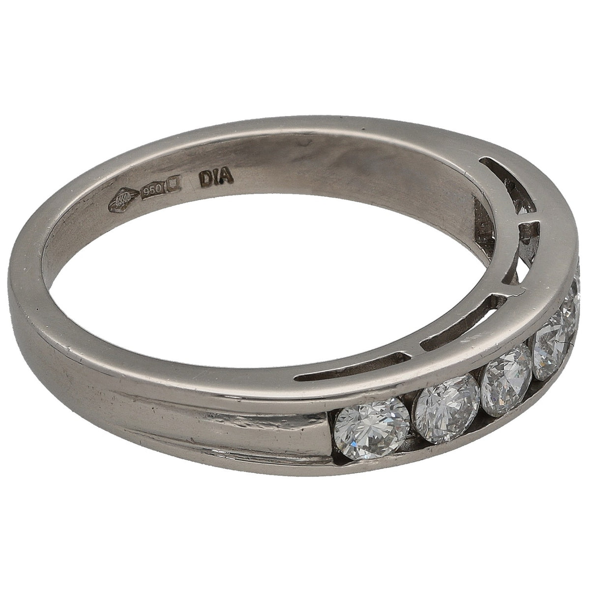 Platinum half eternity diamond ring, side view with round stones on one band edge