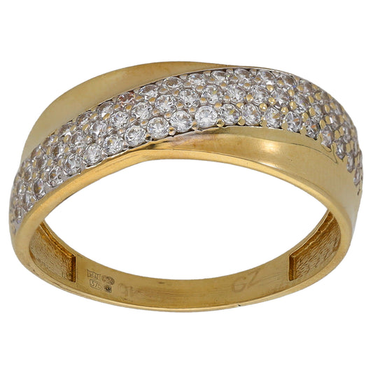Gold-tone ring with CZ pave band wrapping the top half