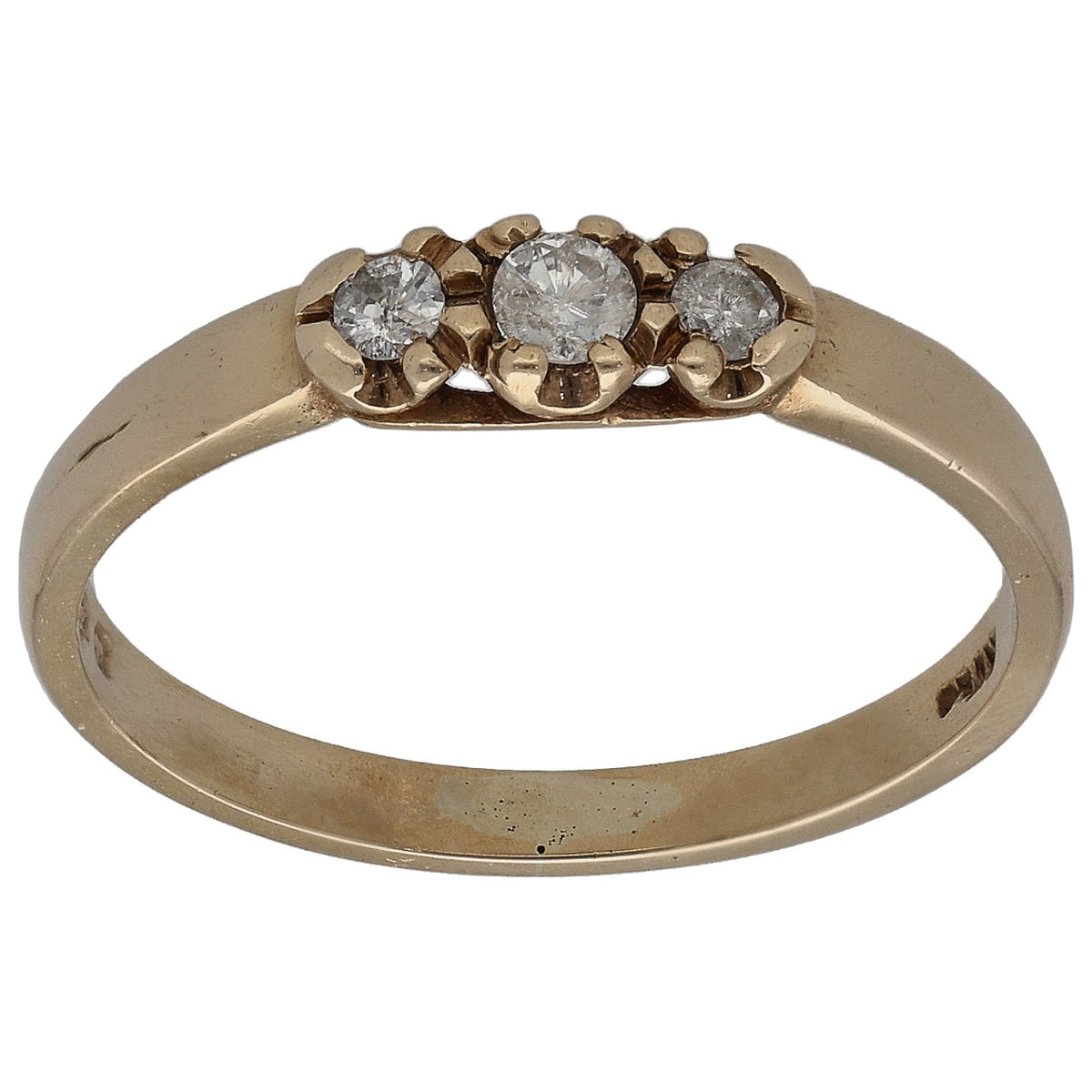 9ct gold three-stone ring with three round diamonds in a bezel setting