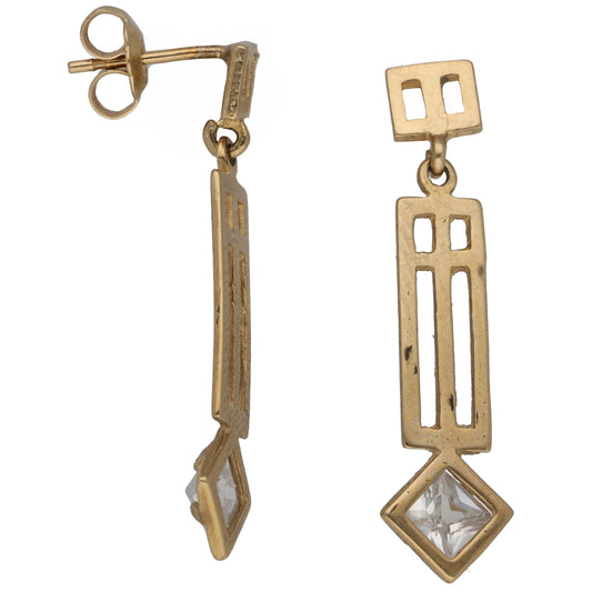 Gold-tone drop earrings with geometric square cutouts and a clear CZ drop charm