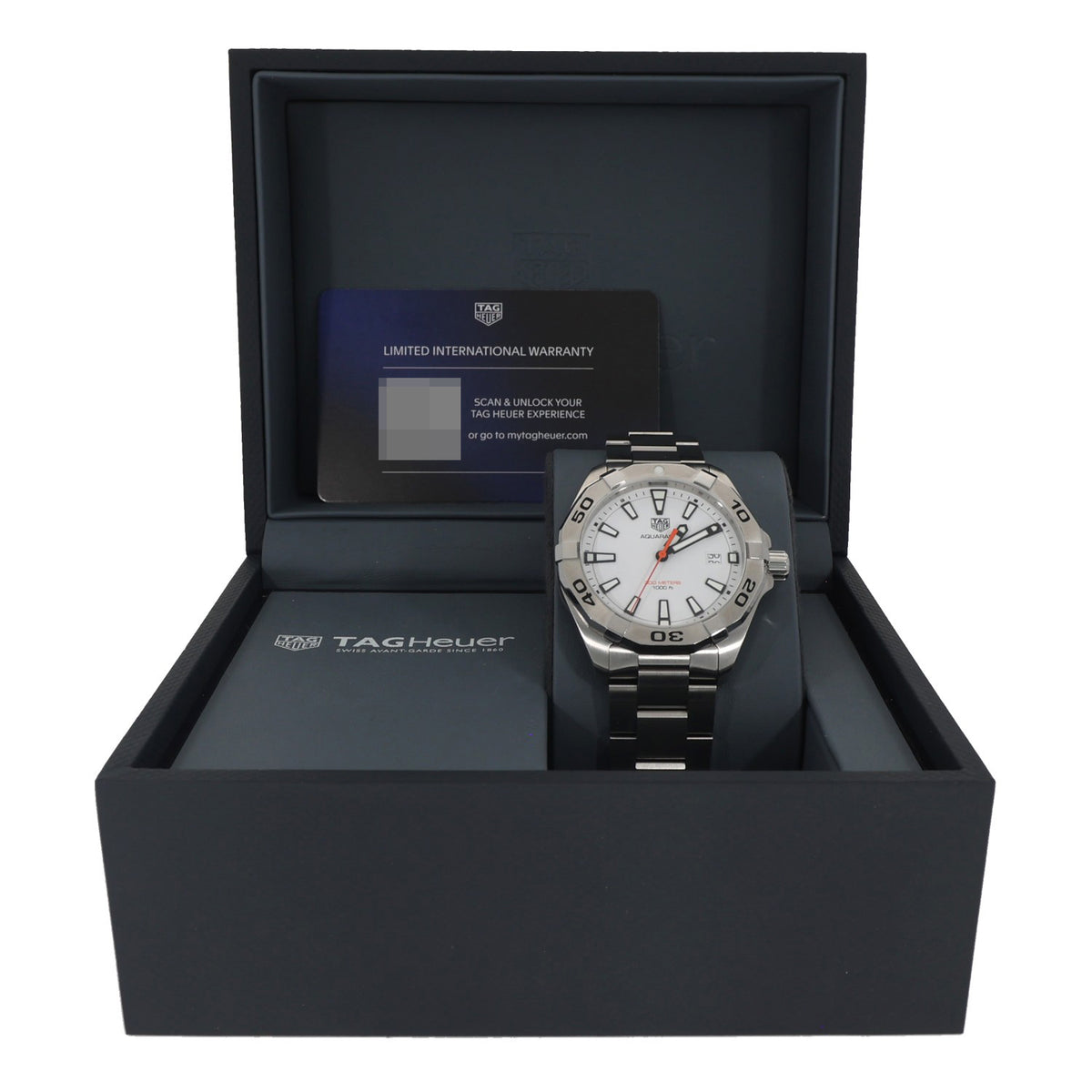 Stainless steel Tag Heuer Aquaracer WBD1111 watch in presentation box, white dial with orange seconds hand