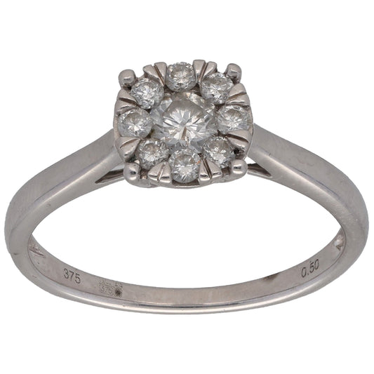 9ct White Gold 0.50ct Diamond Cluster Ring Size Q
