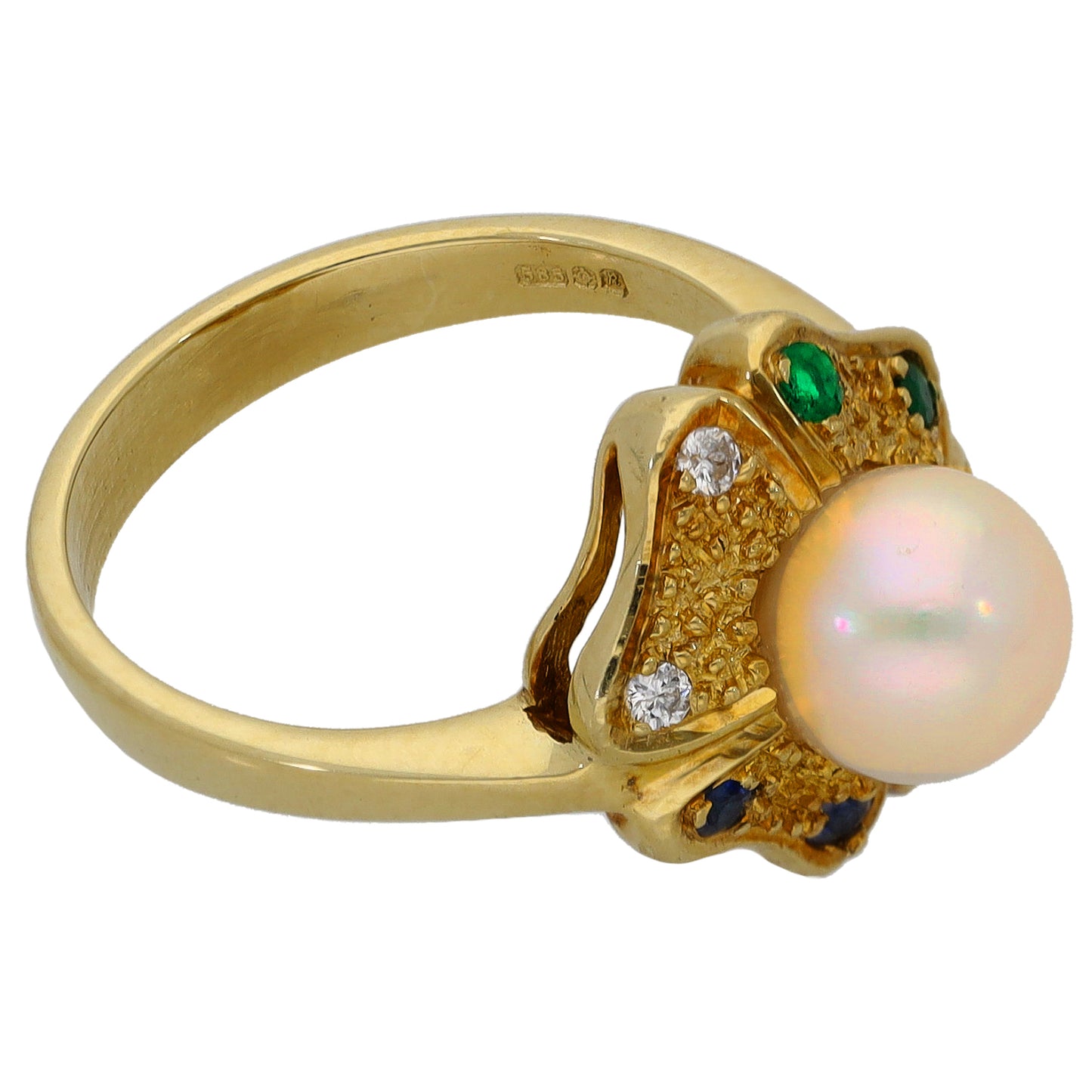 14ct Gold Cultured Pearl, Sapphire, Emerald, Ruby & 0.02ct Diamond Dress/Cocktail Ring Size L