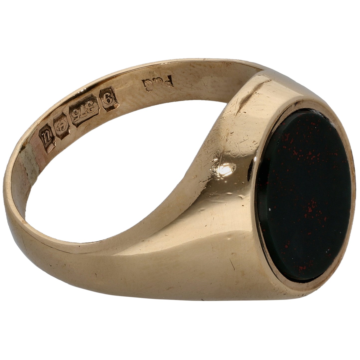 9ct Gold Bloodstone Patterned Single Stone Signet Ring Size P