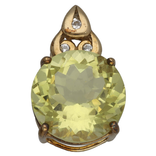 9ct Gold Green Quartz & White Topaz Dress/Cocktail Pendant With Chain